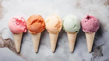 AI generated colorful ice cream balls on marble background photo