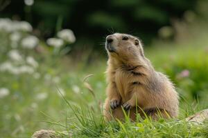 ai generado linda marmota rastreado fuera de su agujero y toma el sol en el sol, marmota día foto