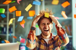 AI generated A young man in the office holds his head with his hands, a bunch of stickers with tasks are flying above him photo