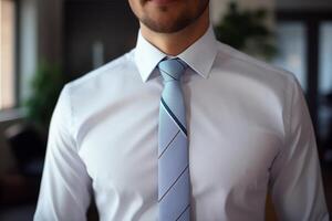 ai generado cerca arriba de un hombre en un blanco camisa y corbata. foto