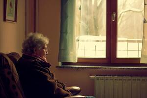 ai generado un mayor mujer en un enfermería hogar se sienta en un silla por el ventana y murga para invitados foto