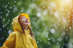 AI generated a little girl in a yellow raincoat rejoices while standing in the spring rain photo