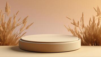 AI generated 3D rendering of a minimal podium for product display against pampas grass on a beige background photo