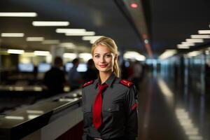 ai generado retrato de un hermosa aeropuerto trabajador en uniforme en pie a el aeropuerto. foto