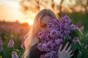 AI generated a young beautiful blonde holds a huge bouquet of lilacs to her face in the park at sunset photo