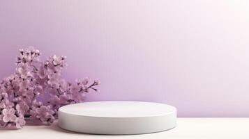 AI generated White podium for product display with lilac flowers on a lilac background photo