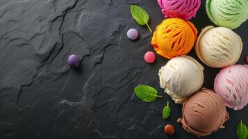 AI generated colorful ice cream scoops on dark marble background photo