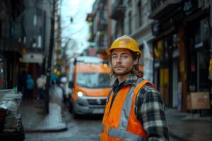 AI generated portrait of a worker in an orange helmet and a reflective vest on the background of the city street photo