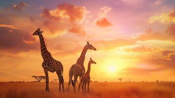 AI generated a group of giraffes in the African savannah against the backdrop of a beautiful sunset photo