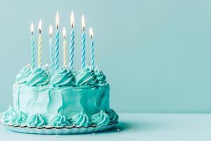 AI generated blue cake on a stand with lit candles on a blue background photo