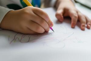 ai generado para niños manos dibujar en un sábana de papel, de cerca foto