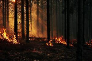 ai generado bosque fuego en un pino bosque a noche. fuego fatuo en el bosque. foto