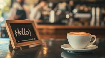 AI generated Coffee cup and chalkboard with hello text on table in cafe photo