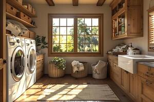 AI generated Interior of a cozy wooden laundry room in a modern house photo