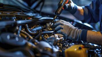 ai generado auto mecánico trabajando en taller, cerca arriba un coche mecánico reparando coche motor, Servicio trabajador a el trabajo foto