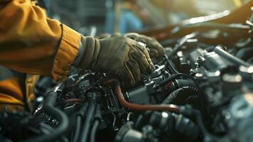 AI generated auto mechanic working in workshop, close up a car mechanic repairing car engine, service worker at the work photo