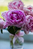 Bouquet of pink peonies in a vase on the windowsill photo