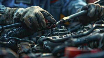 AI generated auto mechanic working in workshop, close up a car mechanic repairing car engine, service worker at the work photo