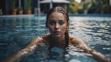ai generado retrato de un bonito niña en el piscina, mojado retrato, mojado gir en el piscina, mujer es nadando en el piscina foto