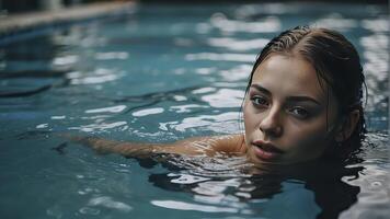 ai generado retrato de un bonito niña en el piscina, mojado retrato, mojado gir en el piscina, mujer es nadando en el piscina foto