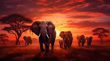 ai generado un grupo de majestuoso elefantes camina a lo largo el africano estepa en contra el fondo de un mágico puesta de sol foto