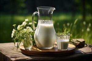 AI generated milk jug with glasses of milk on a background of green meadow photo