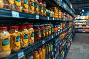 AI generated Supermarket shelves with different products, shallow depth of field photo