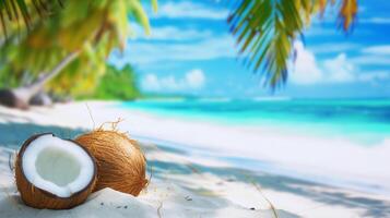 AI generated open coconut on snow-white sand on a tropical beach photo