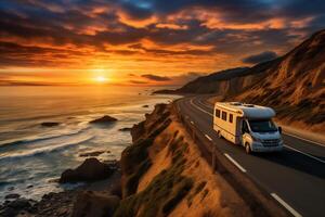 ai generado blanco camper furgonetas Moviente a lo largo el autopista a lo largo el costa a atardecer, familia viaje concepto foto