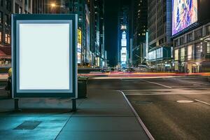 ai generado iluminado blanco cartelera con Copiar espacio para tu texto mensaje o contenido, público información tablero en noche ciudad con hermosa oscuridad en fondo, publicidad burlarse de arriba bandera foto