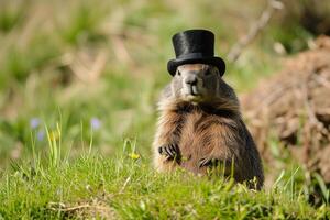 AI generated groundhog on the hill in a black top hat, groundhog day photo