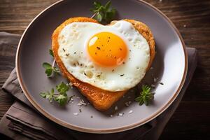 AI generated heart shaped fried egg on a plate photo