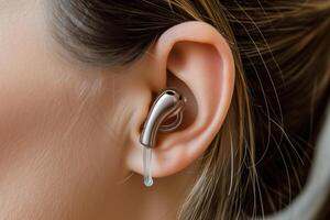 AI generated hearing aid in a woman's ear, close-up photo