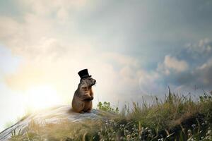 ai generado marmota en el colina en un negro parte superior sombrero, marmota día foto
