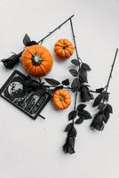 Halloween decoration on white background. Pumpkins, black leaves and an old book. photo