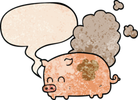 cartoon smelly pig with speech bubble in retro texture style png