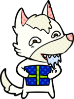 cartoon hungry wolf holding christmas present png