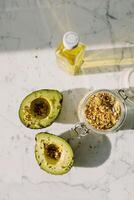 Healthy breakfast with avocado, oatmeal and oille background photo