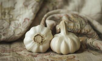 AI generated Garlic on the table. Vintage style. Selective focus. photo