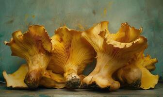 AI generated Chanterelle mushrooms on a wooden table. photo