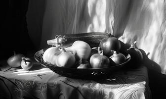 AI generated still life vegetables on a black background, black and white photo. photo