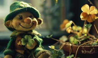 AI generated St. Patrick's day background with green leprechaun doll photo