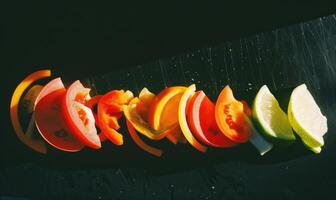 AI generated Sliced vegetables on a black background, close-up. photo