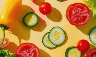 AI generated Cucumber, tomato and bell pepper on a yellow background. photo