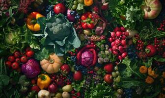 AI generated Tomatoes background. Top view of different varieties of tomatoes. Vegetables background. photo