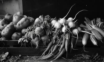 AI generated Harvesting vegetables. Black and white photo. photo