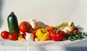 ai generado Fresco vegetales en blanco antecedentes. sano comida concepto. vegetariano alimento. foto