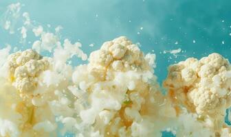 AI generated cauliflower on blue sky background with clouds. toning. selective focus photo