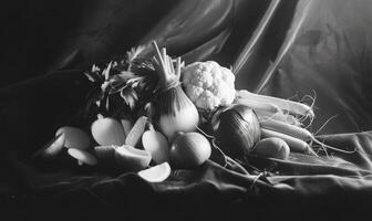 AI generated Still life with vegetables on a black background. Black and white photo. photo