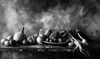 ai generado todavía vida con vegetales en un negro antecedentes. negro y blanco foto. foto